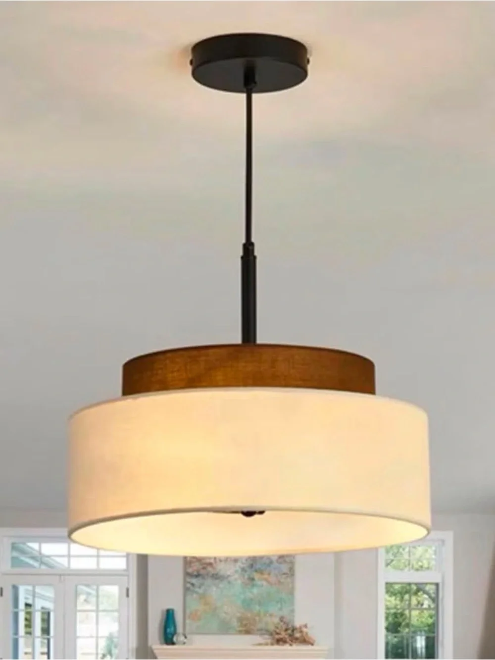 Drum Pendant Ceiling Light in Cream and Brown